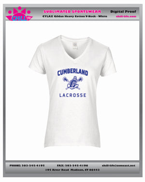 CUMBERLAND YOUTH LACROSSE LADIES V NECK TEE-RYAL ,GRE ,WHITE