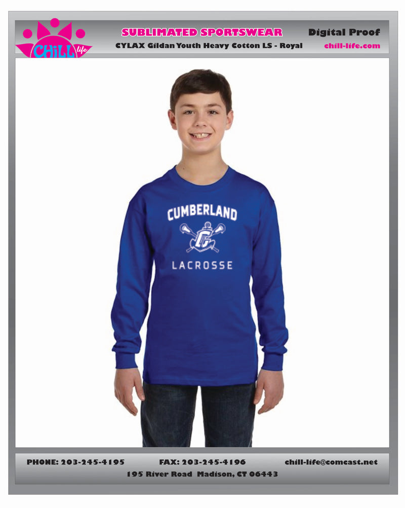 CUMBERLAND YOUTH LACROSSE HEAVY WEIGHT COTTON  LONG SLEEVE TEE-YOUTH AND ADULT SIZES GREY,WHITE, ROYAL