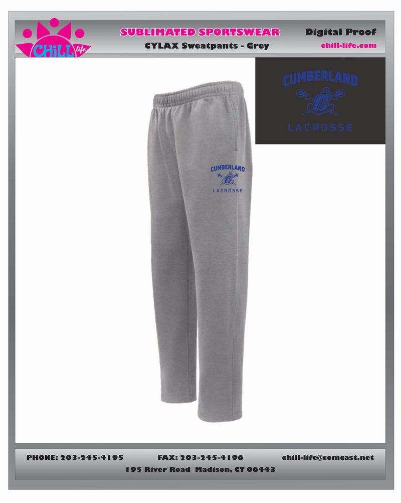 CUMBERLAND YOUTH LACROSSE OPEN BOTTOM STRAIGHT LEG SWEATPANT-YOUTH AND ADULT SIZES GREY,BLACK