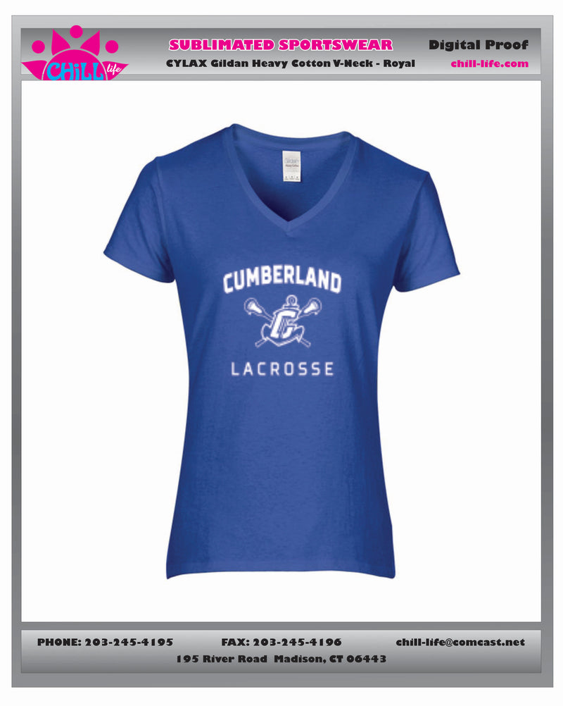 CUMBERLAND YOUTH LACROSSE LADIES V NECK TEE-RYAL ,GRE ,WHITE