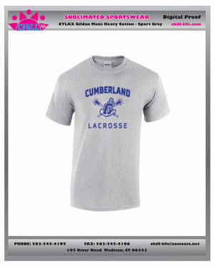CUMBERLAND YOUTH LACROSSE MENS UNISEX COTTON TEE-YOUTH AND ADULT SIZES ROYAL,GREY,WHITE
