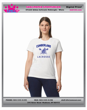 CUMBERLAND YOUTH LACROSSE MIDWEIGHT LADIES TEE-ADULT SIZES ROYAL,WHITE,GREY