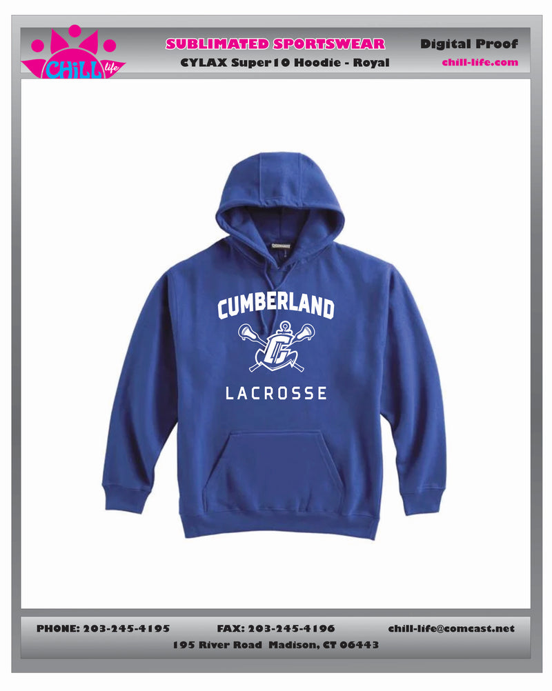 CUMBERLAND YOUTH LACROSSE 10 OZ HEAVYWEIGHT HOODIE-YOUTH AND ADULT SIZES GREY,BLACK OR ROYAL