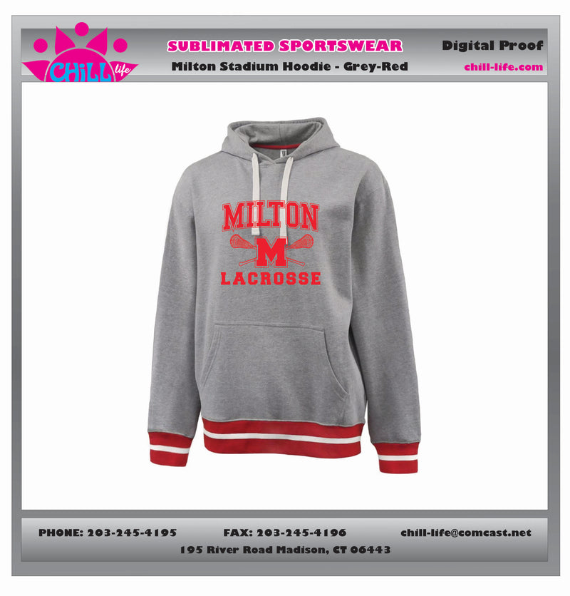 MILTON LACROSSE STADIUM HOODIE-GREY WITH BLACK OR RED TRIM