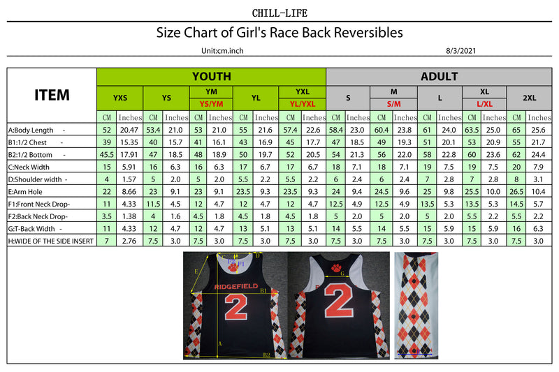 Girls Racerback Reversible Size Chart/Measurements