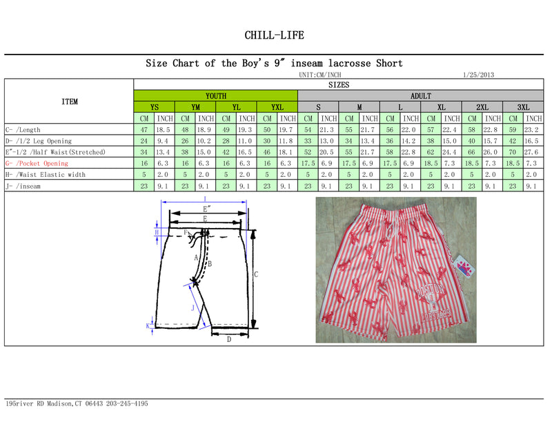 CHILL-LIFE BOYS LACROSSE GAME SHORTS SIZE CHART